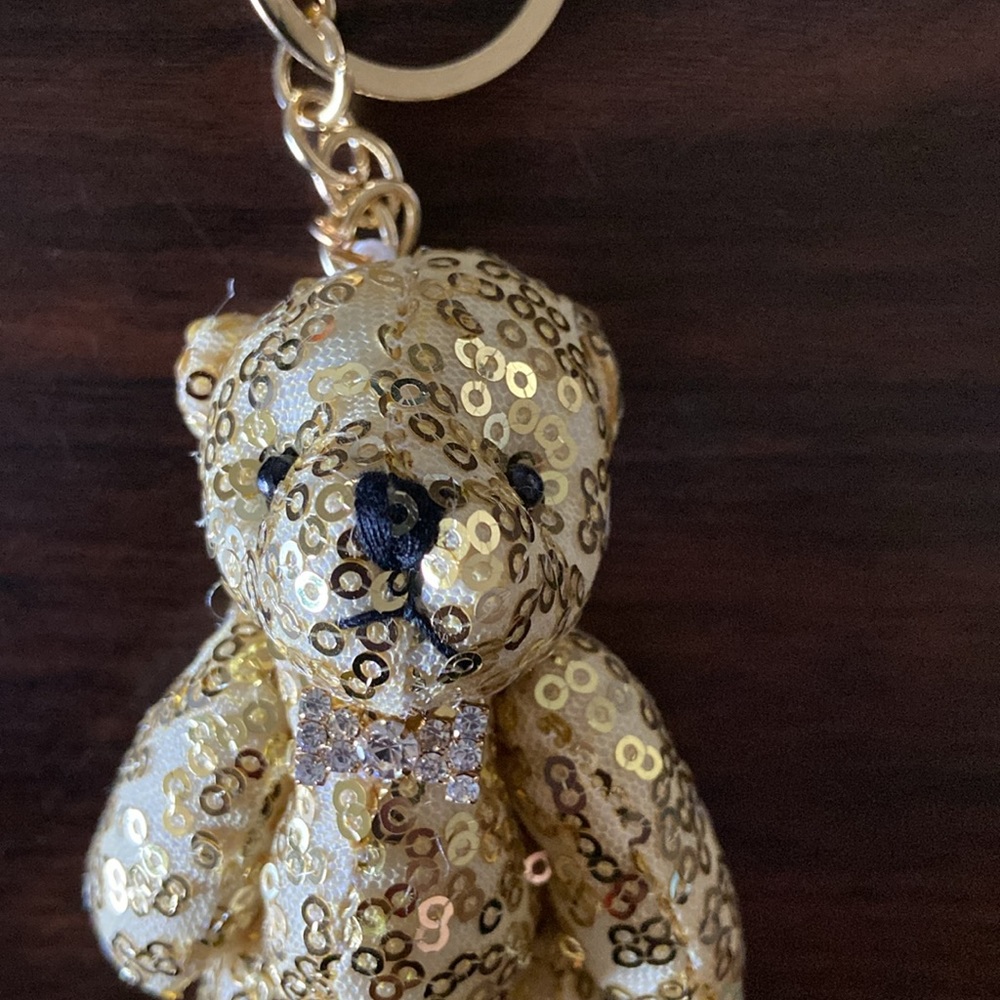 Gold sequin teddy bear key purse charm - Picture 3 of 11
